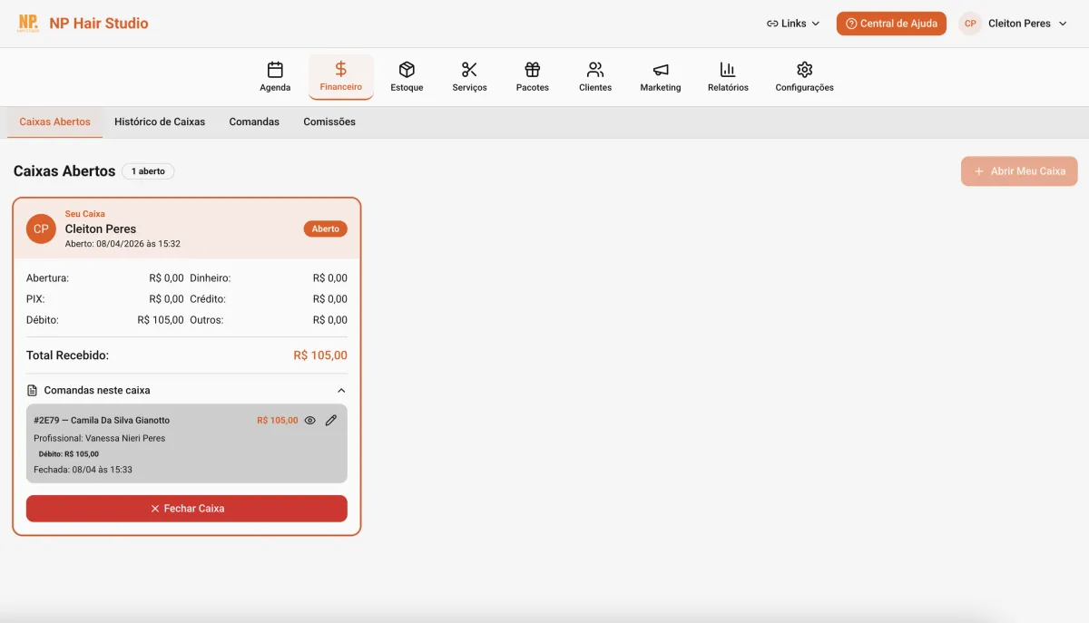 Caixa do Salão CRM — controle financeiro com comandas vinculadas