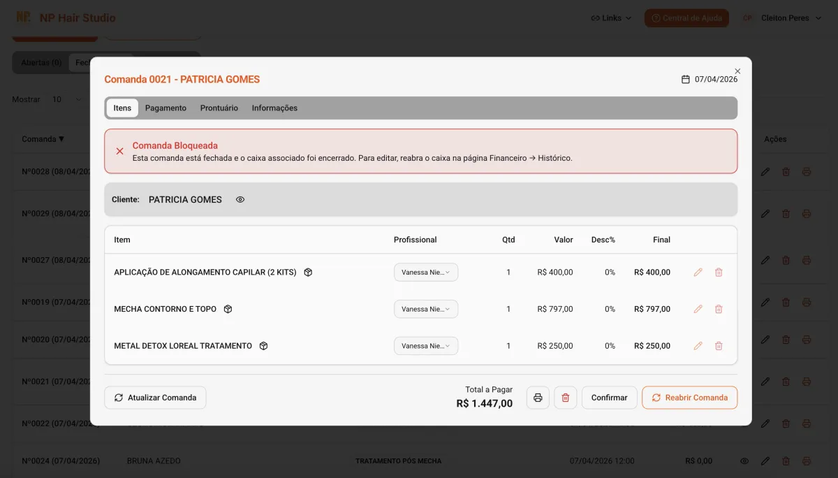Comanda do Salão CRM — serviços, produtos e total