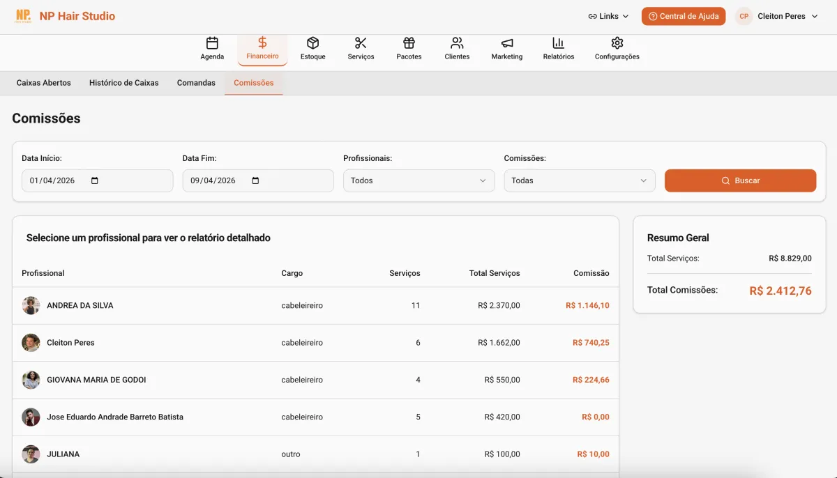 Comissões automáticas do Salão CRM — por profissional