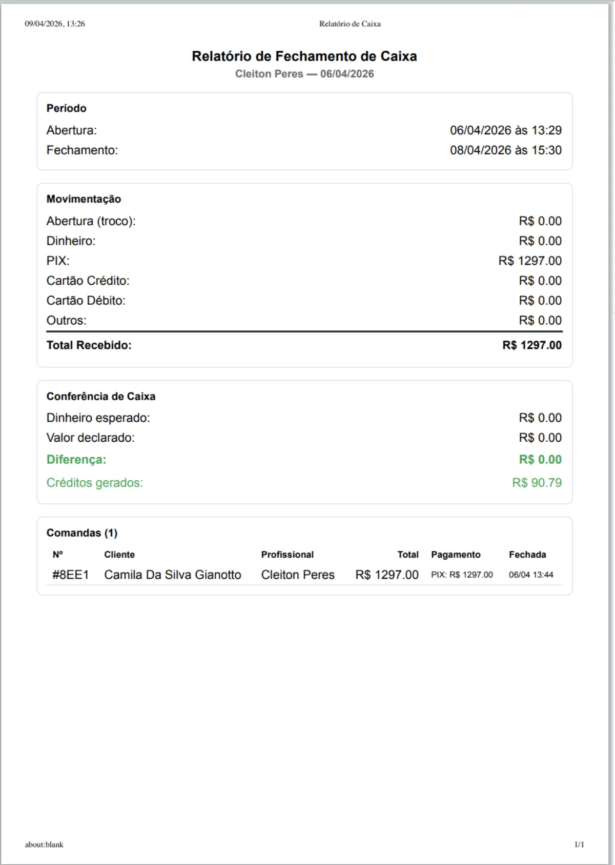 Relatório PDF de fechamento de caixa do Salão CRM